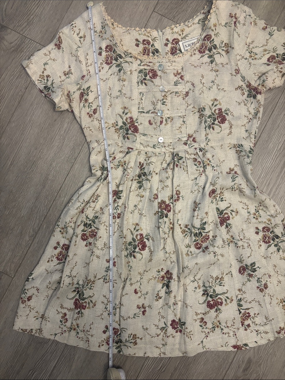 Vintage Cottagecore Prairie Girl 90s Floral Cream Pink Lace Trim - Picture 7 of 10